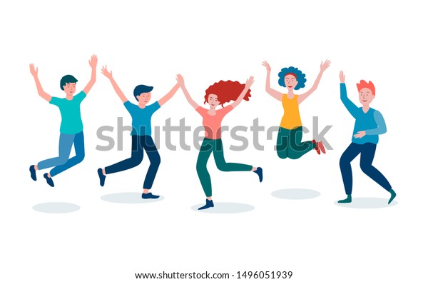 陽気な人 友好的な人 飛び跳ねる人 陽気なチーム 若者は飛び跳ね 笑い 手を振る のイラスト素材
