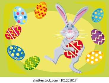 a merry rabbit throws about easter eggs and wishes all happy Easter