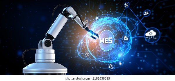 MES Manufacturing Execution System. Business Industrial Technology Concept. Cobot 3d Render.