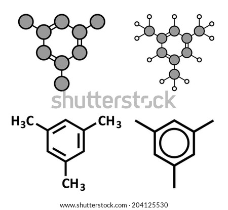 Mesitylene aromatic hydrocarbon molecule. Important solvent in chemical industry and volatile organic compound (VOC) pollutant in the environment. Stylized 2D renderings and skeletal formulae.