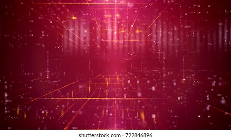 Mesmerizing 3d Rendering Of A Step Forward Technology Cyberspace Passage Through A Time Portal With A Grid Of Squares. The Background Is Purple. It Has A Lot Of Shining Spotlights And Rays.