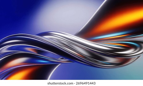A mesmerizing abstract 3d render showcasing a sleek, metallic wave with captivating reflections of orange and blue hues