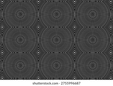 A mesmerizing abstract background featuring a grid of nine concentric circle patterns, creating a strong optical illusion effect in high contrast black and white.