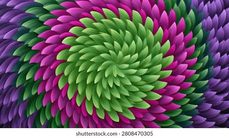 A mesmerizing abstract background featuring a vibrant, swirling pattern of colorful petals in green, pink, and purple.