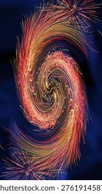 A mesmerizing abstract digital art featuring dynamic swirls of fiery red, orange, and golden yellow light trails. The energetic vortex creates a powerful sense of motion and fluid energy against a deep dark blue background. Perfectly formatted in a 9:16 aspect ratio for modern smartphone backgrounds and lock screens.