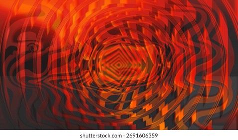 A mesmerizing abstract digital artwork featuring a swirling vortex in shades of red and dark orange, with intricate geometric patterns converging towards the center, creating a sense of depth and move