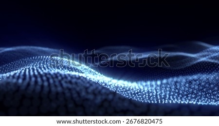 A mesmerizing abstract digital wave composed of glowing blue particles flowing dynamically against a dark background, creating a futuristic and high-tech visual effect.