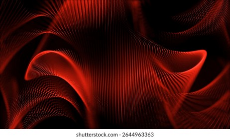 A mesmerizing abstract image featuring flowing red waves composed of dotted lines, set against a stark black background, creating a dynamic and