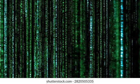 A mesmerizing abstract visualization of digital rain, featuring cascading streams of green binary code against a dark background.