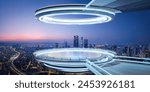 Mesmerizing aerial view of a futuristic cityscape at twilight with modern circular structures. Illuminated skyscrapers.3d rendering