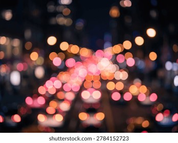 Mesmerizing bokeh lights create an abstract and vibrant cityscape at night. A blurred colorful visual with a dynamic urban atmosphere