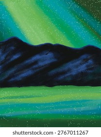 A mesmerizing digital artwork of the aurora borealis illuminating a star-filled night sky above dark mountain silhouettes. The glowing green lights and scattered stars create a magical and tranquil atmosphere, perfect for nature, space, and fantasy-themed designs.