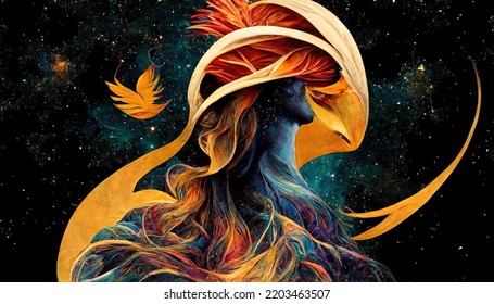 A mesmerizing digital artwork featuring a serene woman adorned with ethereal wings and cosmic symbols, blending fantasy and celestial themes in a vibrant, otherworldly style - Powered by Shutterstock