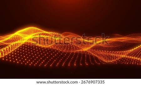 A mesmerizing display of glowing orange digital waves, forming dynamic patterns with illuminated dots against a  technology backgroun. this abstract design exudes a futuristic and technological 