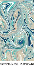 Mesmerizing ocean wave abstract liquid marble background. Elegant fluid art painting with turquoise, deep blue, cream, and beige swirls for luxury coastal wallpaper, backdrop, or creative digital design.