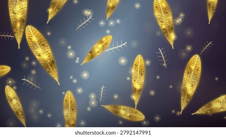 A mesmerizing pattern of luminous golden leaves drifting through a dark, magical gradient background filled with shimmering stars and gentle light.