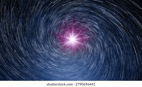 A mesmerizing view of star trails creating a spiral effect around a luminous central star or galaxy in the vastness of space.
