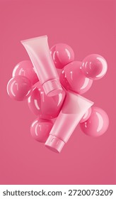 A mesmerizing visual of double matte Brick Pink cream tubes floating, with delicate airy bubbles creating a serene and ethereal atmosphere.