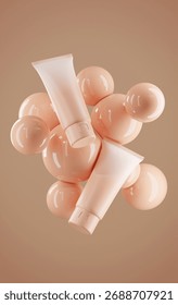 A mesmerizing visual of double matte Crayola Peach cream tubes floating, with delicate airy bubbles creating a serene and ethereal atmosphere.