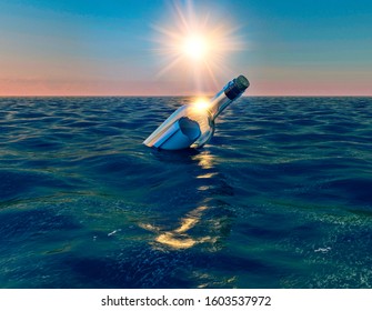 Message in the bottle, bottle floating in the ocean at sunset, 3d render