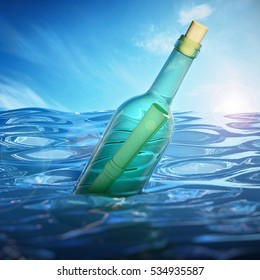 Message in a bottle floating on sea level. 3D illustration.
