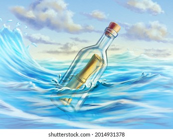 Message in a bottle, floating in a stormy sea. Digital illustration.