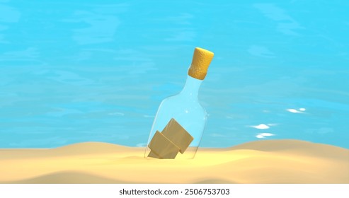 Message in the bottle stranded on the sand.