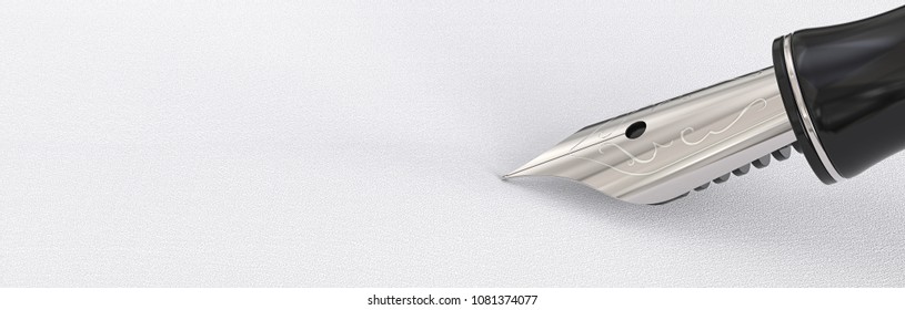 Message. Close Up Of Fountain Pen On White Paper Texture Background. Black With Steel Tip. 3d Render, Copy Space. Panorama Format.