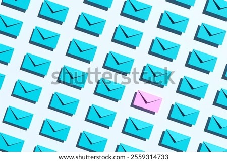 Messaging, email or letter. Pattern of blue envelopes with one pink envelope standing out representing being different, unique and standing out from the crowd. 3D render