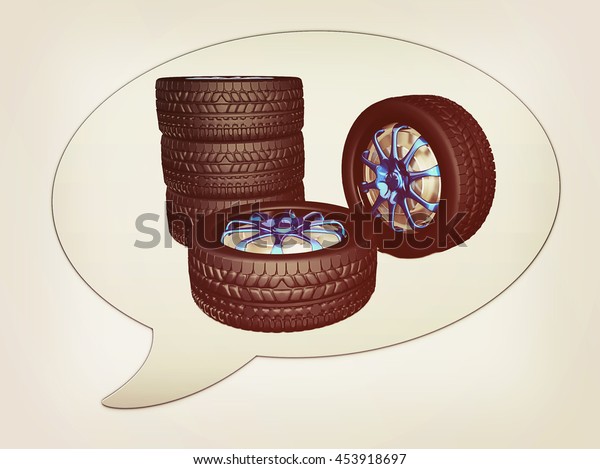 messenger window icon and car wheels. 3D\
illustration. Vintage\
style.