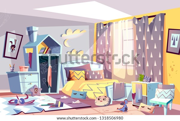 Messy Bedroom Lazy Child Scattered Toys Stock Illustration