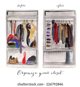 Messy And Clean Closet Watercolor Illustration