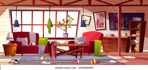 Messy Living Room With Dirty Dishes On Table, Spider Web On Ceiling And Clothes Scattered On Stained Carpet Cartoon Illustration. Household Chaos, Home Cleaning Time Or Bad Tenant Concept