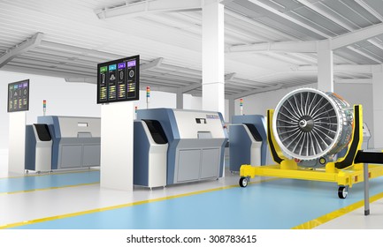 Metal 3D printer and Jet fan engine on engine stand. Concept for new manufacture style in smart factory.