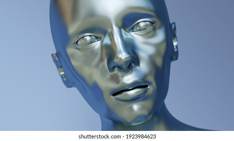 Metal Android Head Close-up Machine Artificial Intelligence 3D Illustration