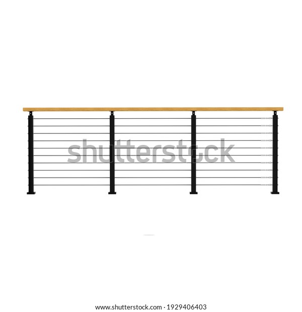 Metal black fence with wood railing Isolated on\
white background 3d\
rendering