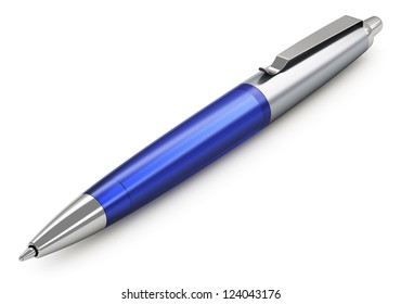 Metal Blue Ball Point Pen Isolated On White Background