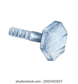 Metal bolt with a hexagonal head and threaded shaft. Watercolor clipart of the workshop tool. Perfect for use in mechanical designs, tool branding, DIY, flyers and industrial engineering projects