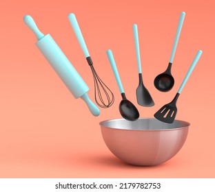 Metal bowl with kitchen utensil for preparation of dough on coral background. 3d render cooking process step by step and accessories for cooking, blending and mixing - Powered by Shutterstock