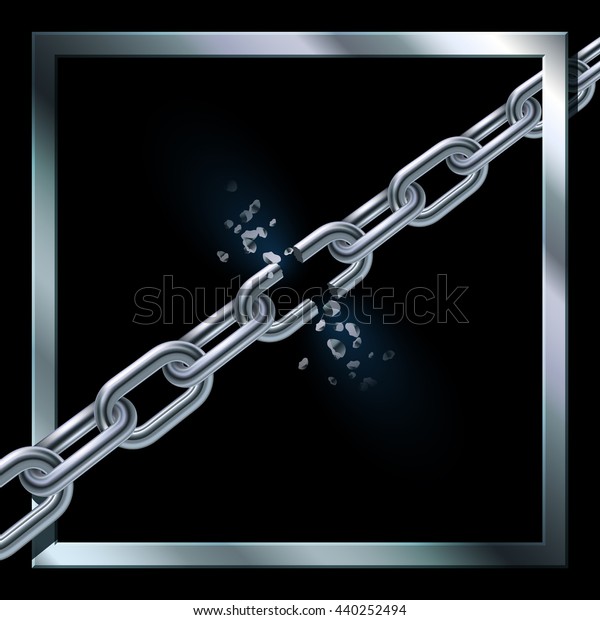 Metal broken chain on black background with\
metal squared frame. Freedom\
concept.
