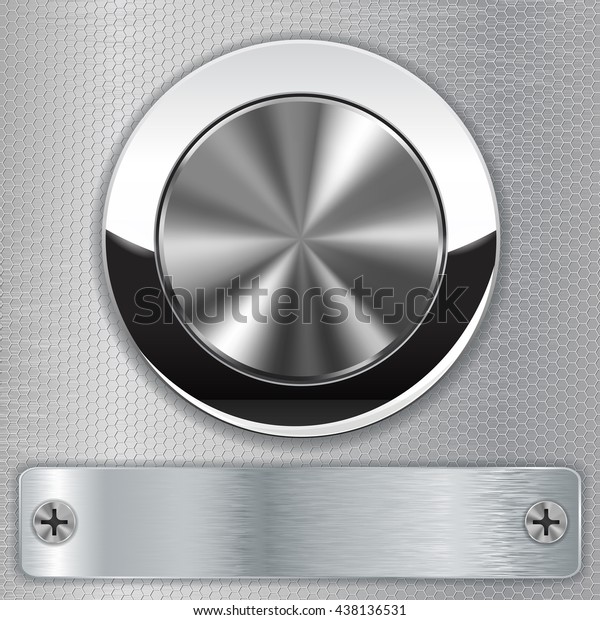 Metal button and steel plate\
with screw on hexagon holes background. Illustration. Raster\
version