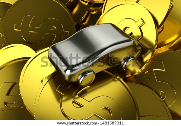 Metal car figure on gold coins with dollar sign,\
loan for car, 3D\
render