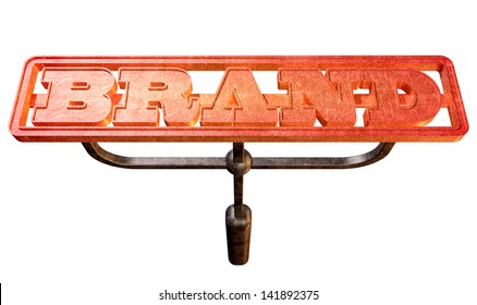 A Metal Cattle Brand With The Word Brand As The Marking Area Glowing Red Hot On An Isolated Background