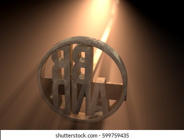 A Metal Cattle Branding Iron With The Word Brand As The Marking Area Backlit By A Bright Light - 3D Render