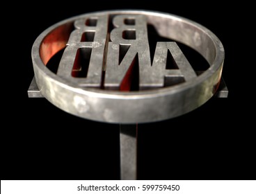 A Metal Cattle Branding Iron With The Word Brand As The Marking Area On An Isolated Dark Surface - 3D Render