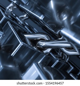 Metal chains and cubes background, 3d rendering. Computer digital drawing.
