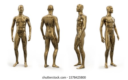 Metal chromed male mannequins for clothes. Set from the side, front and back view. Commercial equipment for shop windows decoration. 3d illustration isolated on a white background.