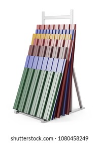 Metal Corrugated Roof Sheets Stack On Support With Various Colors. 3d Illustration On A White Background.