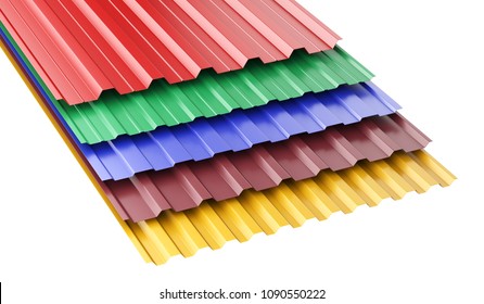 Metal corrugated roof sheets, with various colors. 3d illustration on a white background.