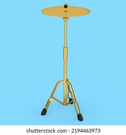 Metal Cymbal On A Stand On Blue Background. 3d Render Concept Of Musical Percussion Instrument, Drum Machine.